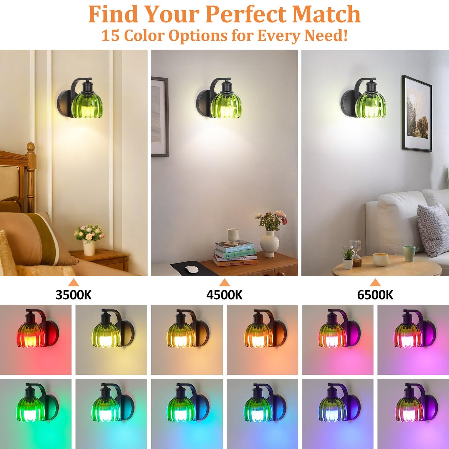 VerRon Rechargeable Wall Sconce Set of Two, Green Glass Lampshade, Wireless, Remote Control, 15 Colors, 2-Pack, Model B05092P(2PK)