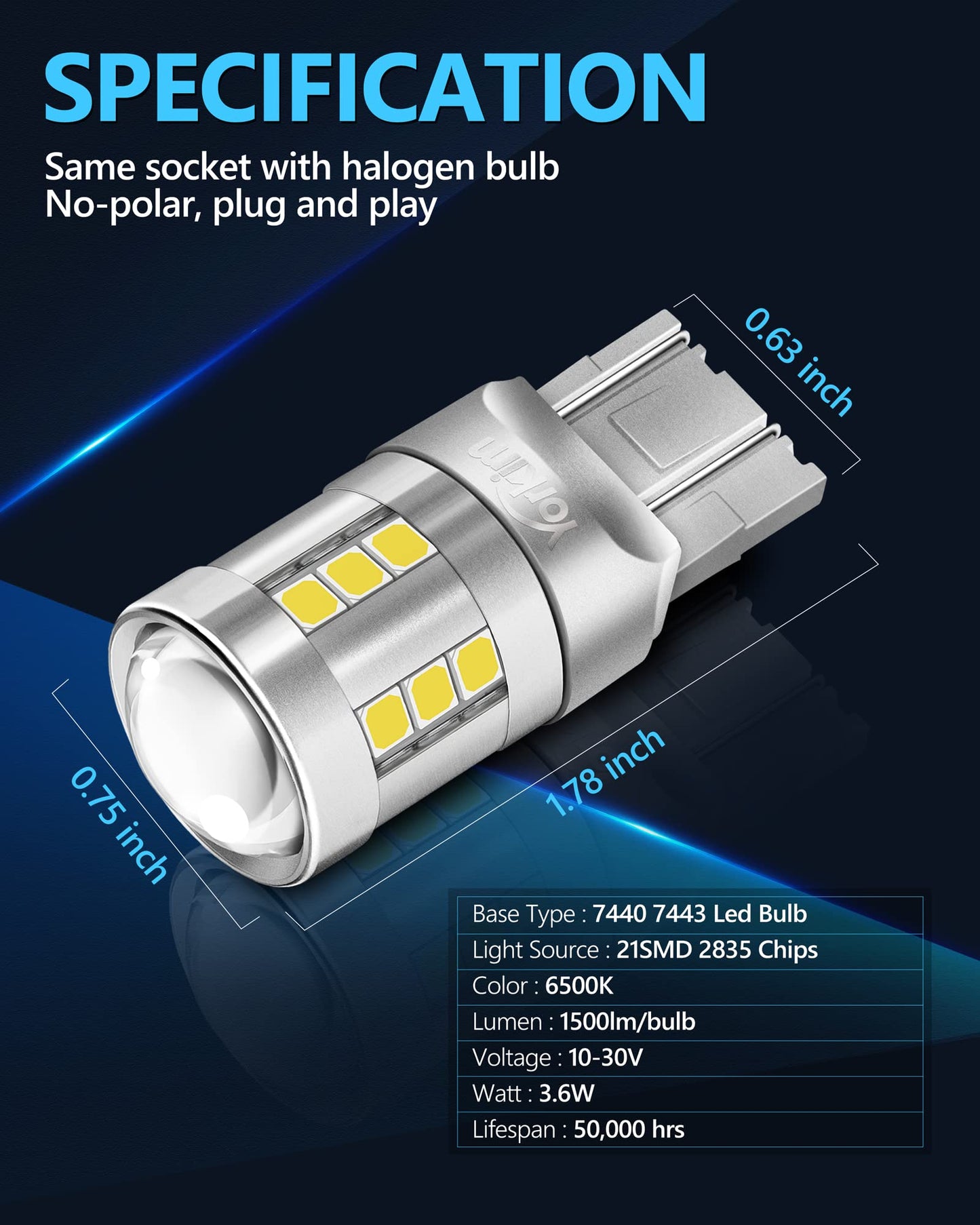 Yorkim 7443 Led Bulb White  6500K High Bright 7440 Led Bulb With Projector T20 W21W 7440Na Led Bulb Replacement Lamp For Turn Signal Reverse Brake Tail Lights Or Day Running Light  Pack Of 2  6500K