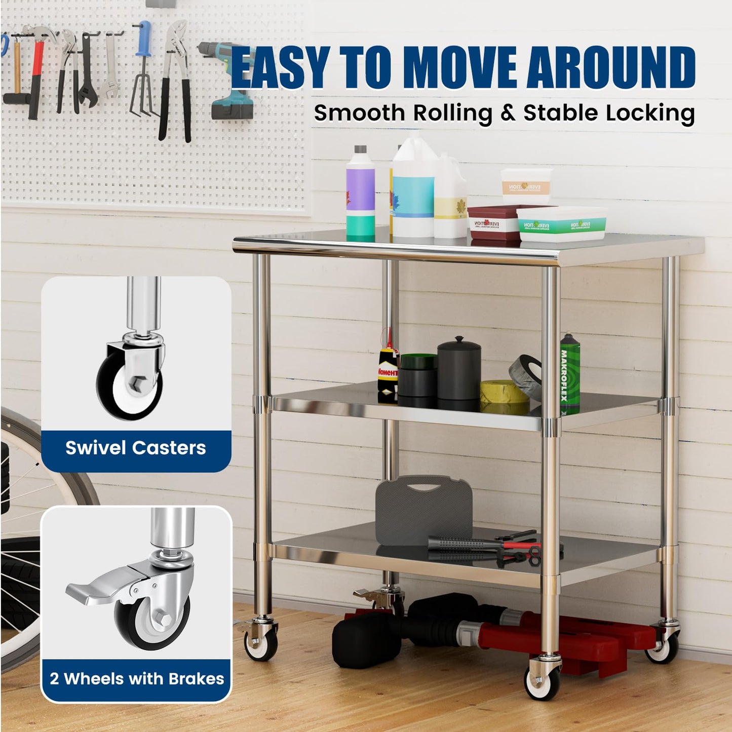 Chingoo Stainless Steel Work Table with Wheels, 24x36 Inch NSF Kitchen Prep Table with 2 Adjustable Undershelves for Commercial Restaurant, Garage, Outdoor BBQ