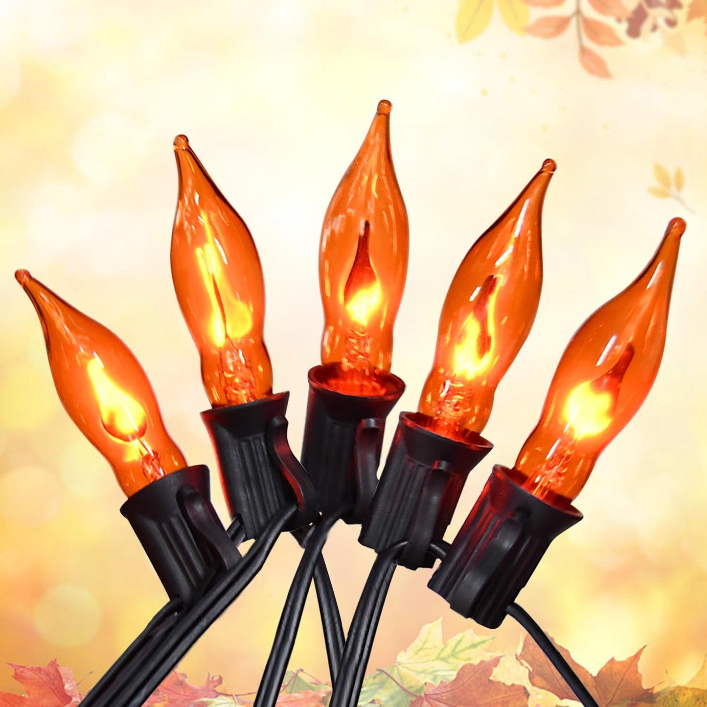 SOTOPOO Fall Decor String Lights - 12.8FT Orange Flickering Flame Effect, 12 Pack C18 Glass Bulbs, Model ULP(7)-LR(10)(1W