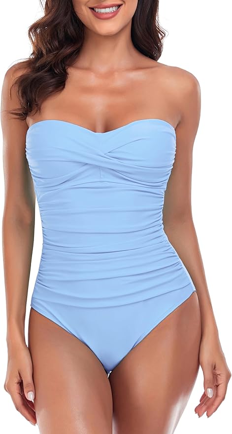 RELLECIGA Women's Tummy Control One Piece Swimsuit Bandeau Strapless Bathing Suits