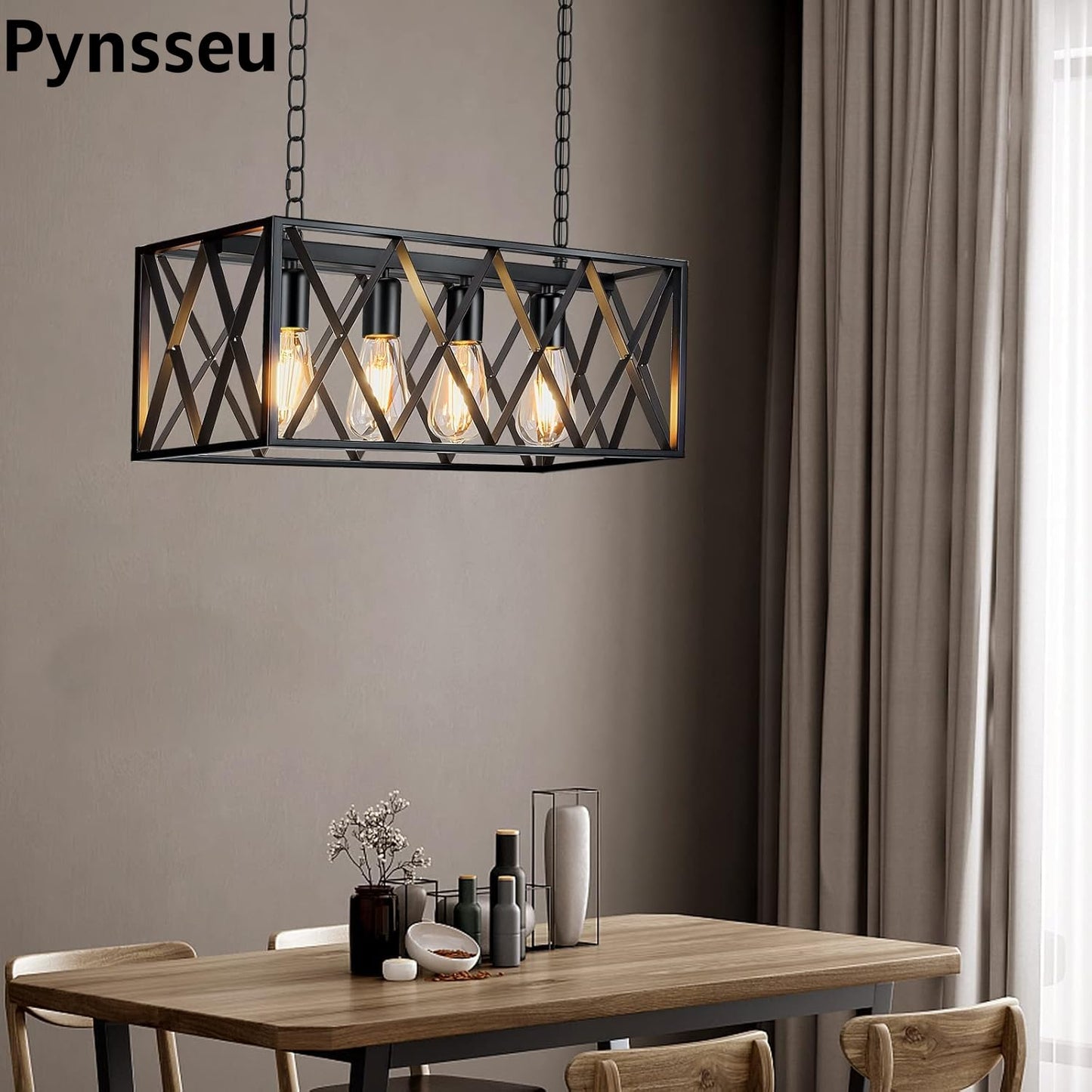 Pynsseu Industrial Kitchen Island Pendant Light, 4-Light, Rectangular, Metal, Black, Vintage Rustic