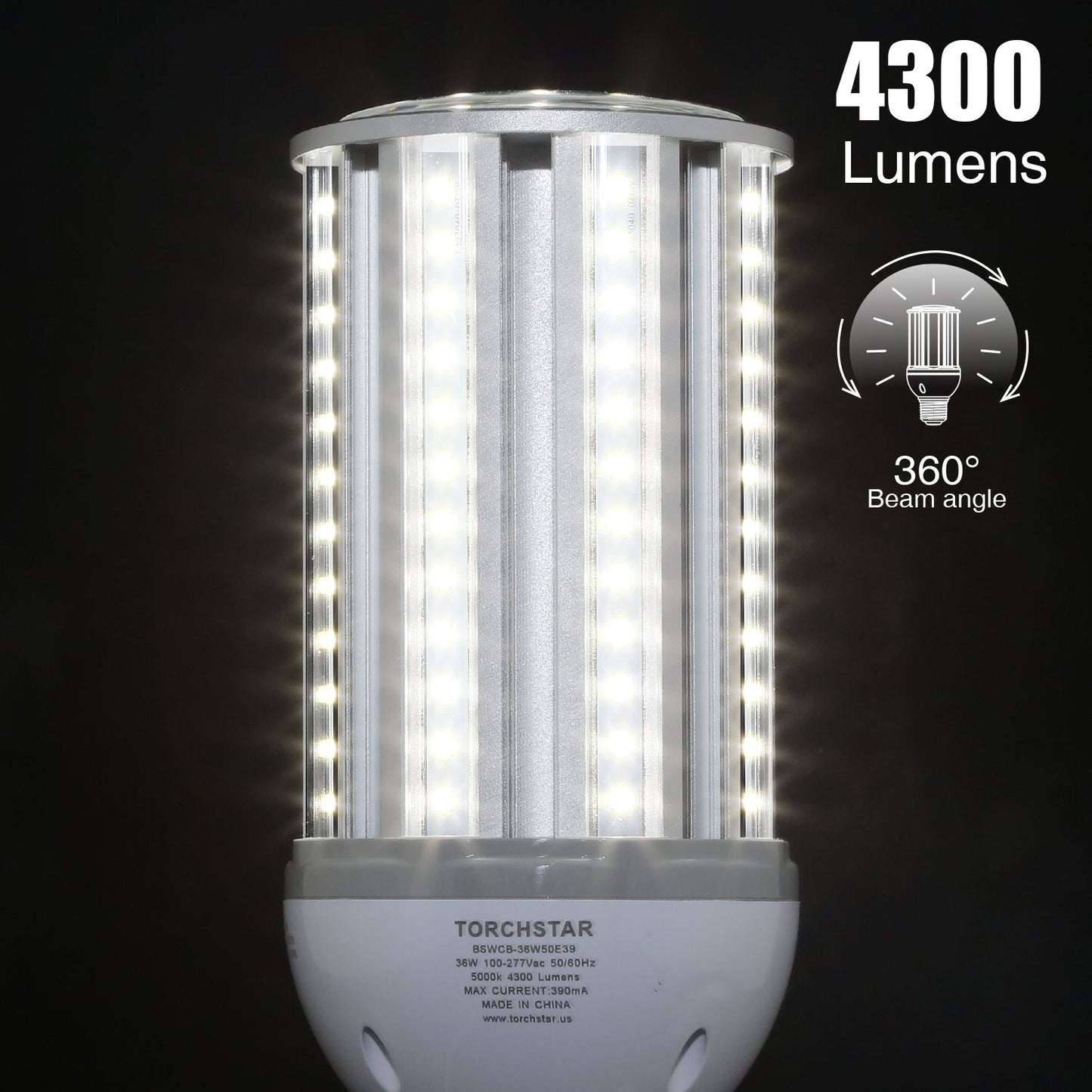 TORCHSTAR 36W LED Corn Light Bulb, 5000K Daylight, E39 Base, Super Bright 4300Lm, Metal for Indoor/Outdoor Use