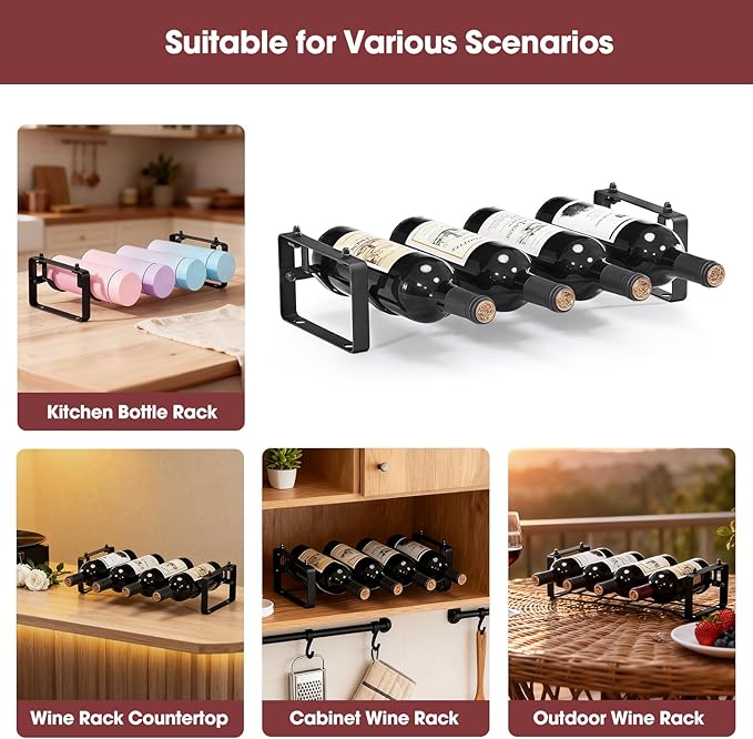 Stackable Wine Rack Countertop, 4 Bottles Wine Bottle Holder for Inside Cabinet, Small Tabletop Wine Holder Stand for Pantry Bar, 1-Tier Angle Adjustable Wine Bottle Rack for Tight Spaces