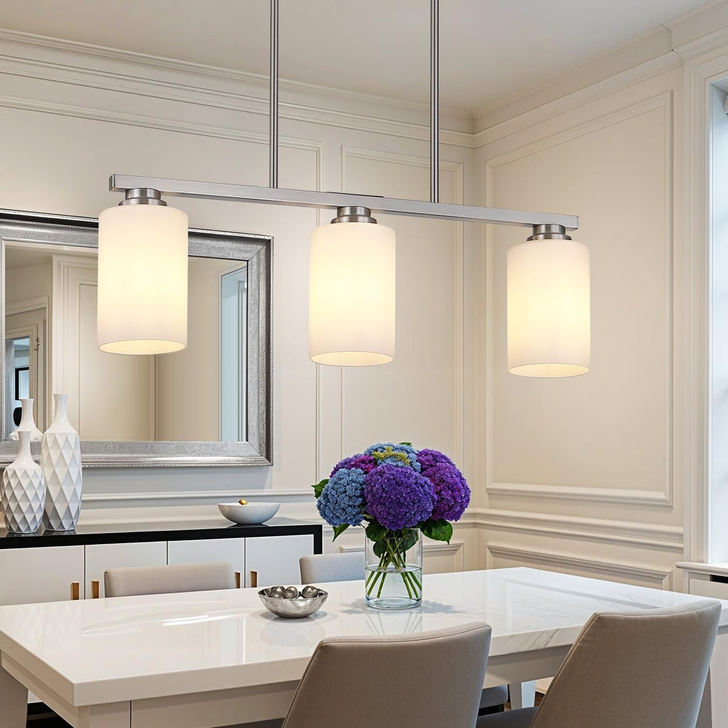 Mecgirn Island Light For Kitchen  Brushed Nickel Dining Room Light Fixture Over Table With Milk Glass Shade  3-Light Linear Chandelier Pendant Lighting For Dining Table Kitchen Island Living Room