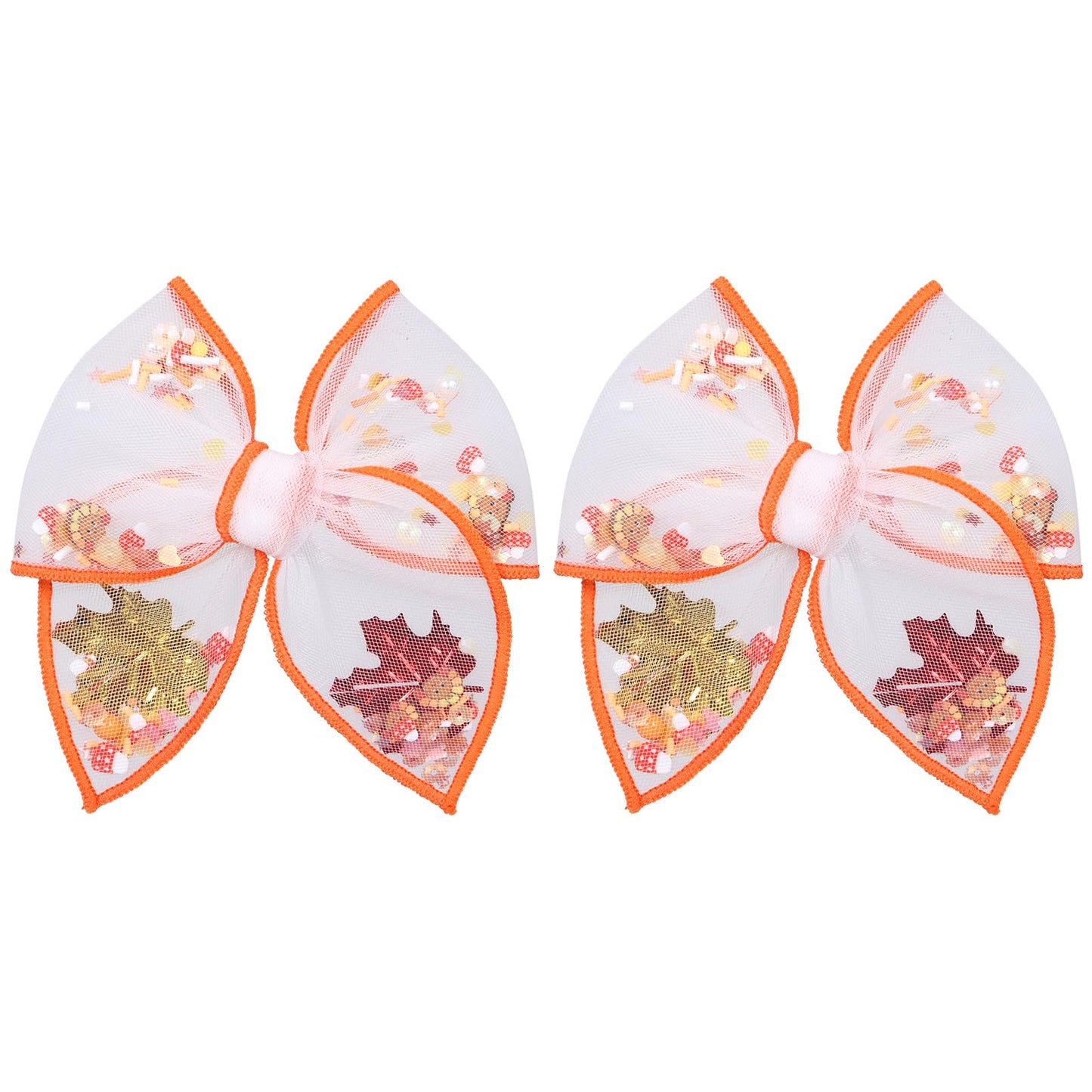 Fall Thanksgiving Turkey Mesh Tulle Hair Bow Clips for Girls, 2Pcs 4 Mushroom Shaker Fable Bow Cheer Barrettes,Autumn Holiday ou