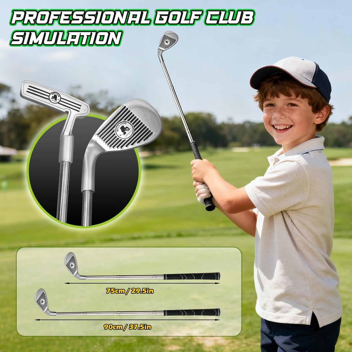Upgraded Golf Putting Mat for Kids, 7.8 Ft Putting Green with LED Light up Holes, Glowing Balls, 2 Clubs, Toy Golf Game Set, Golfing Mats Indoor Outdoor, Sport Golf Gift for Kids Teens Family