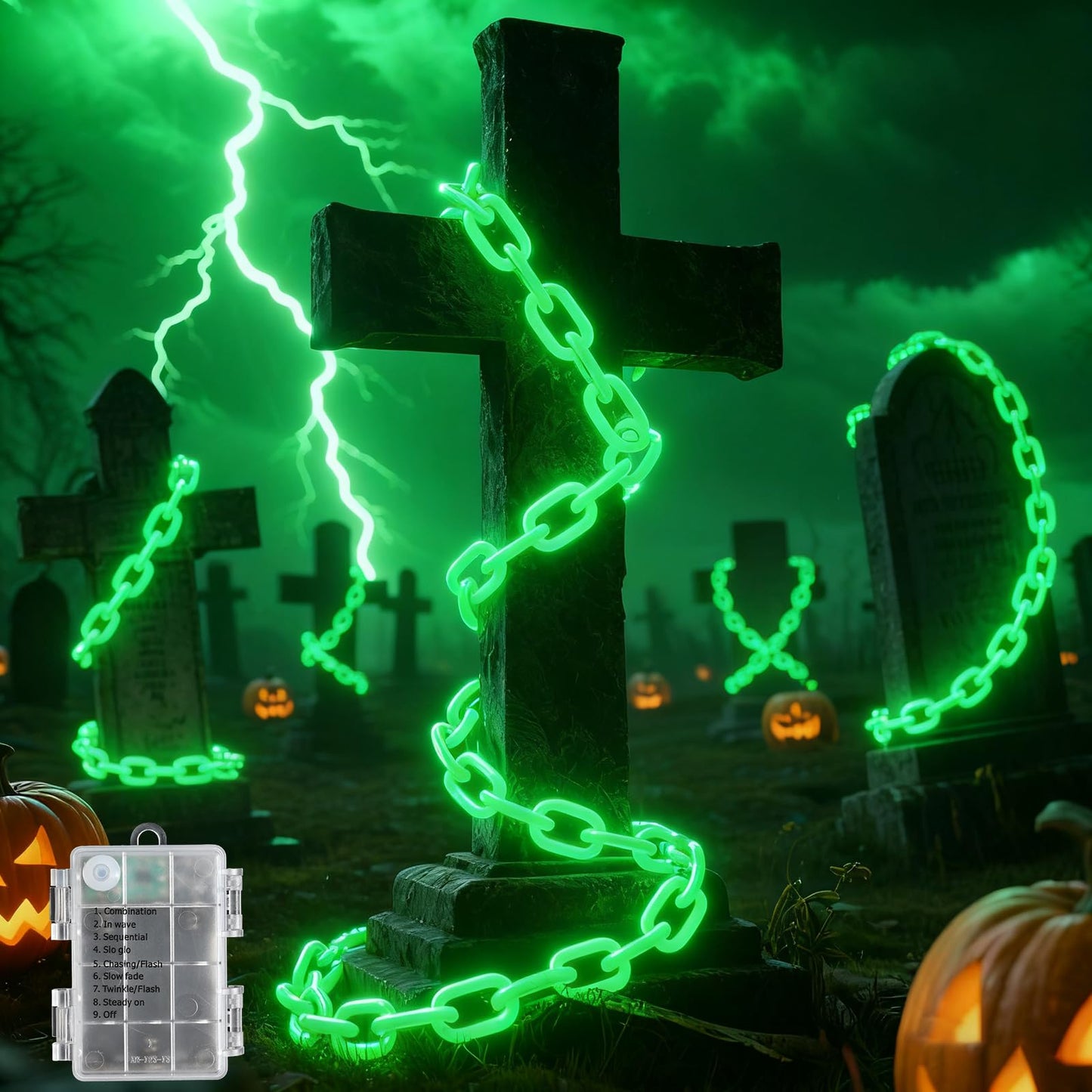 Ohwewant 10Ft Green Chains Battery Operated Halloween Lights  Halloween Decorations Outdoor Indoor  8 Modes Timer Lighted Prop Chains For Party Haunted House Skeleton Dog Creepy Costumes Cosplay