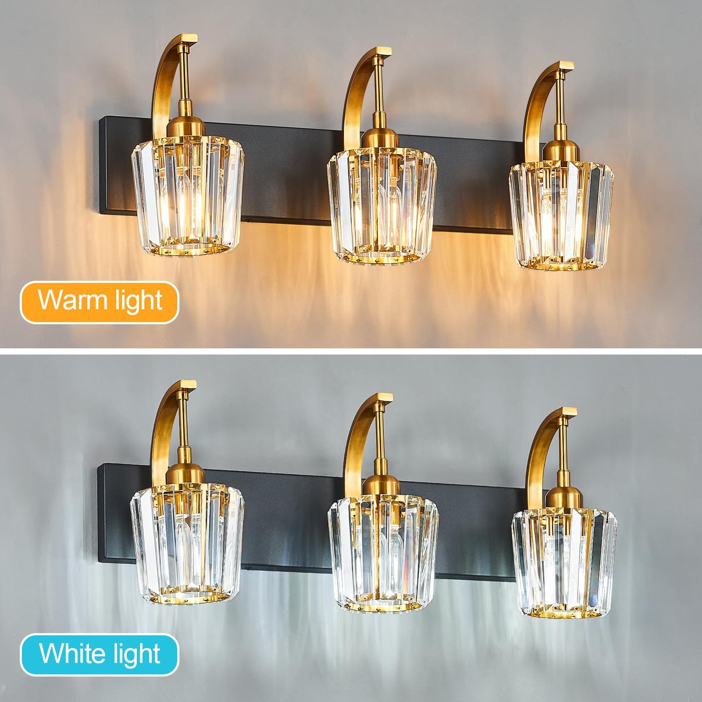 Fdpby Modern Bathroom Vanity Light  3-Light Black Gold Wall Sconce With Crystal Accents  Over Mirror Bathroom Lighting Fixture  23.62 Long Dimmable Vanity Lamp For Makeup  Easy Installation