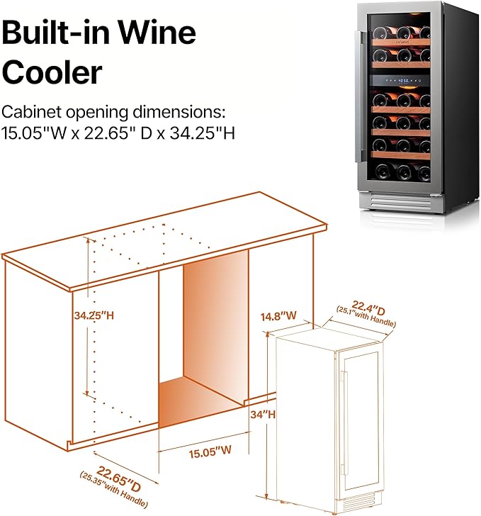 Ca'Lefort 15 Inch Wine Fridge Cooler - 28 Bottles Dual Zone Cooler with Glass Door, 3 LED Built-in Compressor Fridge with Adjustable Shelves for Home Office Bar (3.0 cu.ft)
