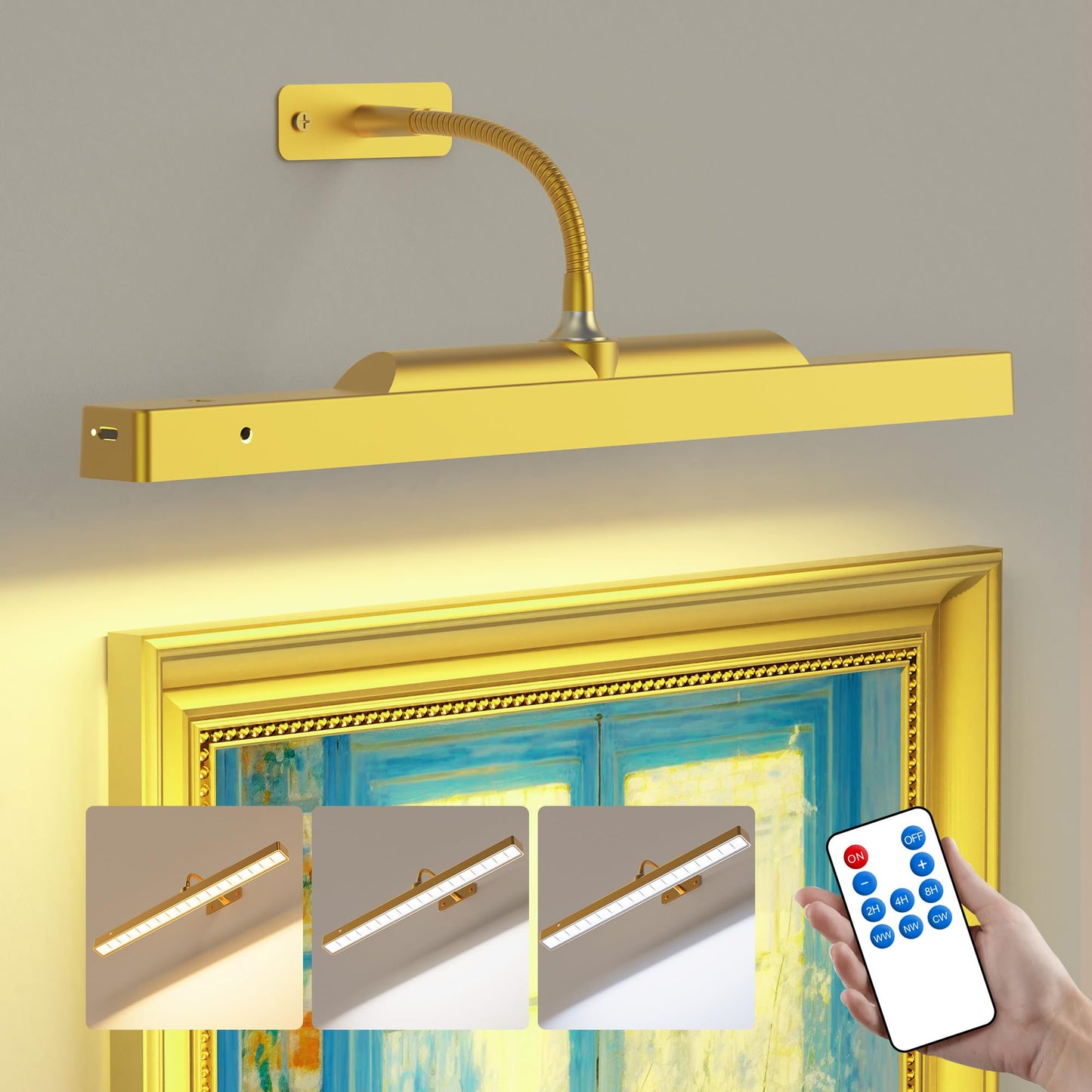 Craftersmark Picture Light, 16in Gold Battery Operated Art Light with Remote, Timer, Dimmable for discomfort-reducingtings and Photos