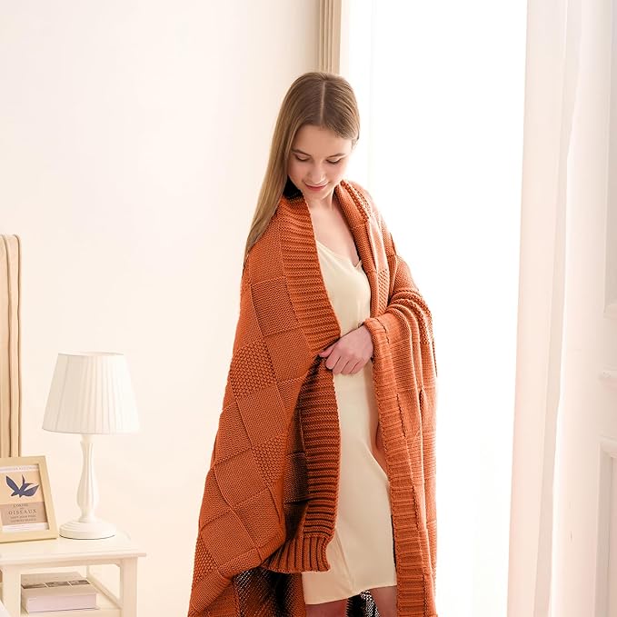 CozeCube Check Knit Throw Blanket, Rust Orange Checkered Throw for Couch, Decorative Christmas Soft Cozy Warm Knitted Blanket for Bed Sofa Living Room, 60"X80"
