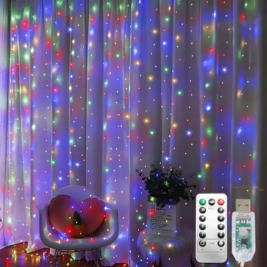 300 LED Curtain String Lights, Fairy Lights with 8 Light Modes, 9.8x9.8Ft Remote USB Plug Fairy String Lights for Christma...