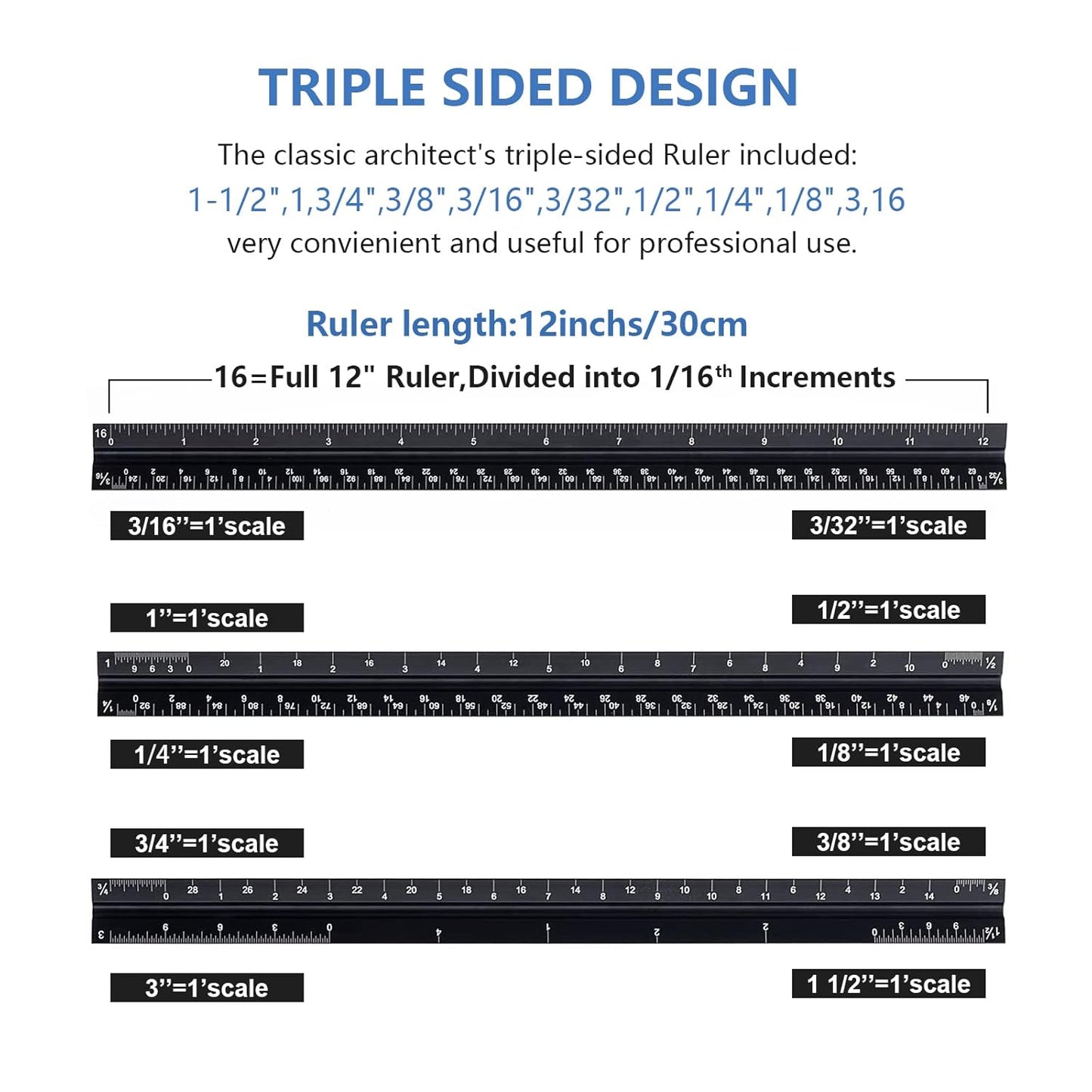 Architectural Scale Ruler with Straight Ruler, 12 Inches Imperial Measurements, Blcak Laser-Etched Aluminum Architect Triangular Ruler for Architects, Engineers, Architects, Students and Draftsman