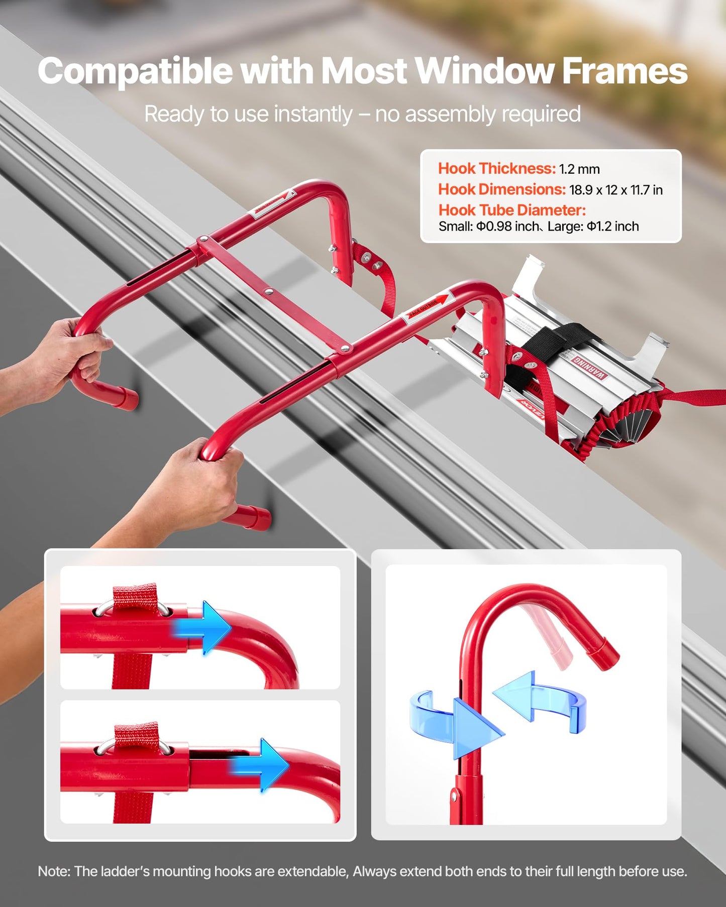 VEVOR Fire Escape Ladder, 3-Story 25FT Retractable Emergency Fire Ladder, Lightweight Aluminum Alloy Safety Escape Ladders with Sturdy Polyester Strap, Anti-Slip Rung & Wide Steps, 1000LBS Max Loading