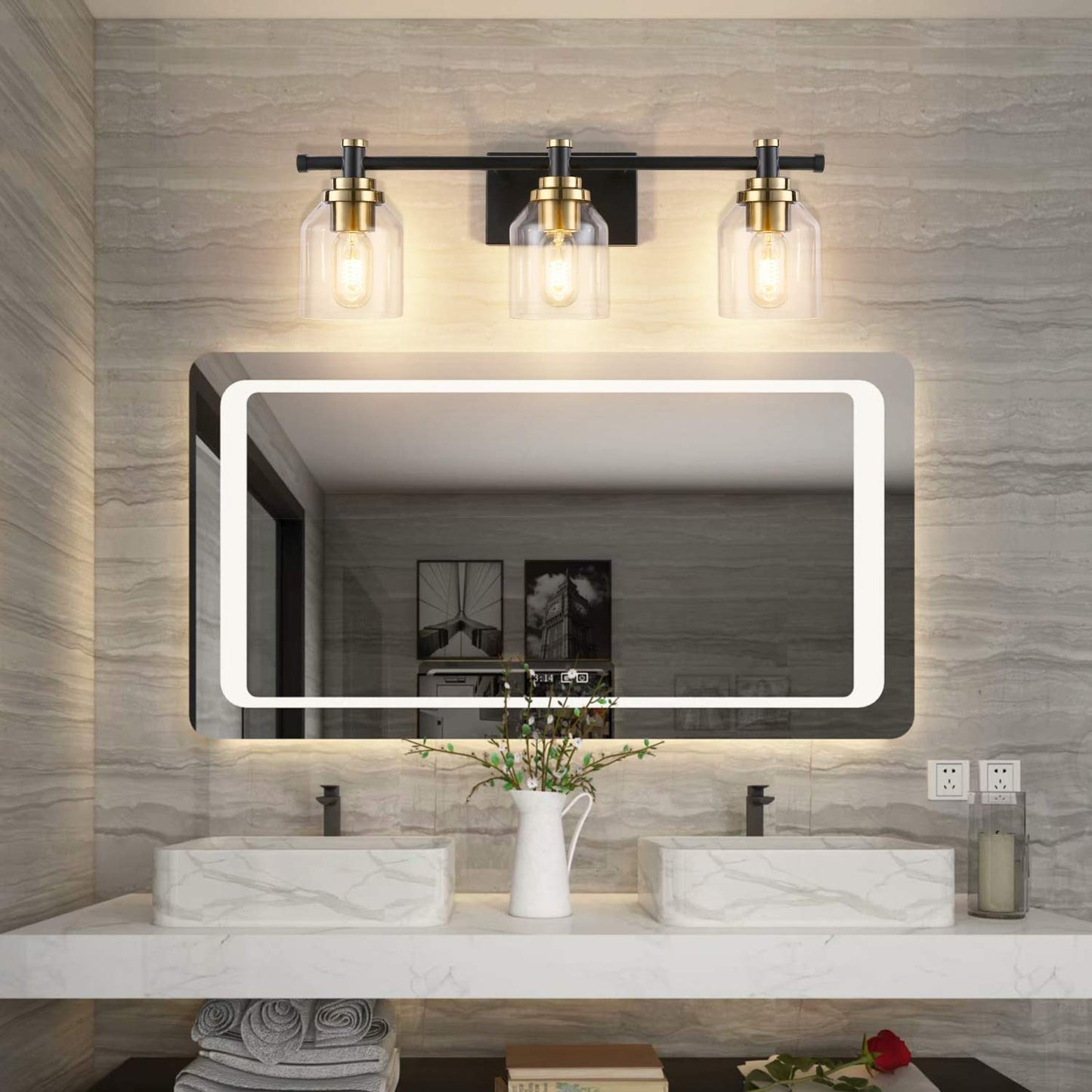 SOLFART Vintage 3-Light Bathroom Vanity Light Fixture, Glass Shade, Black and Brass, Model 7900
