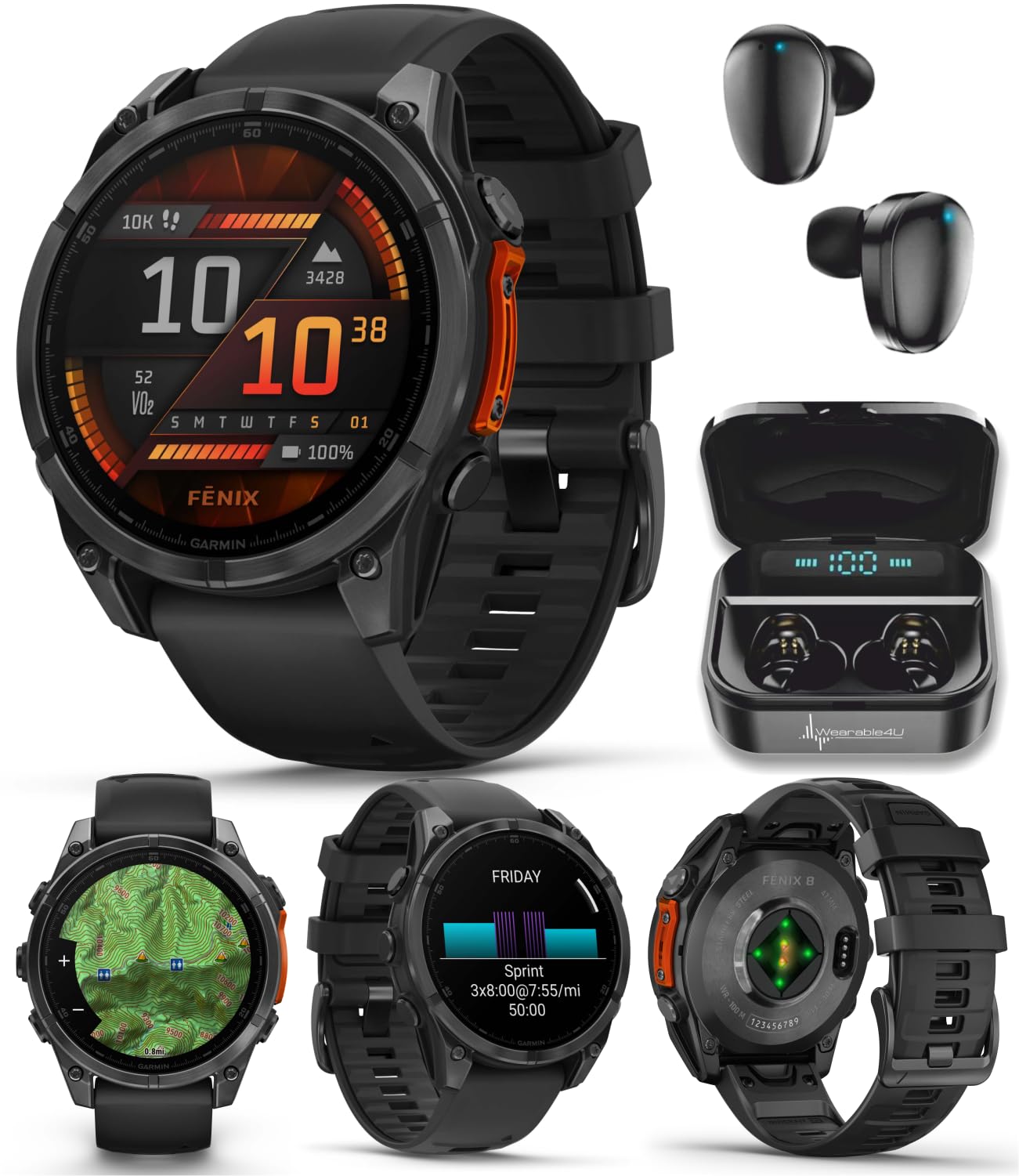 Wearable4U Garmin Fenix 8 - 47 Mm, Amoled Multisport Gps Smartwatch, Slate Gray With Black Silicone Band, Built-In Led Flashligh