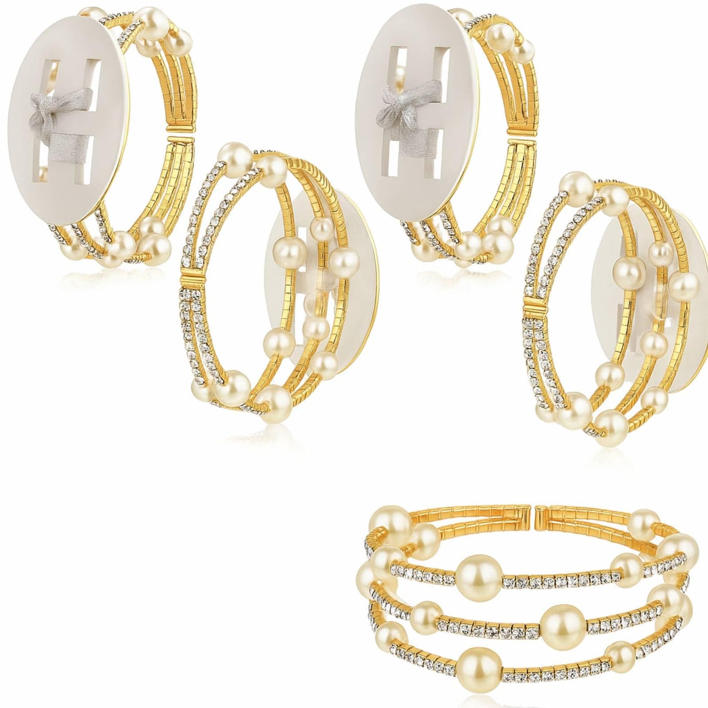 Hotop 4 Pcs Corsage Wrist Bracelet Bands Bride Pearl Rhinestone Bracelet Elastic Wrist Corsage DIY Wedding Wristband Faux Pearl