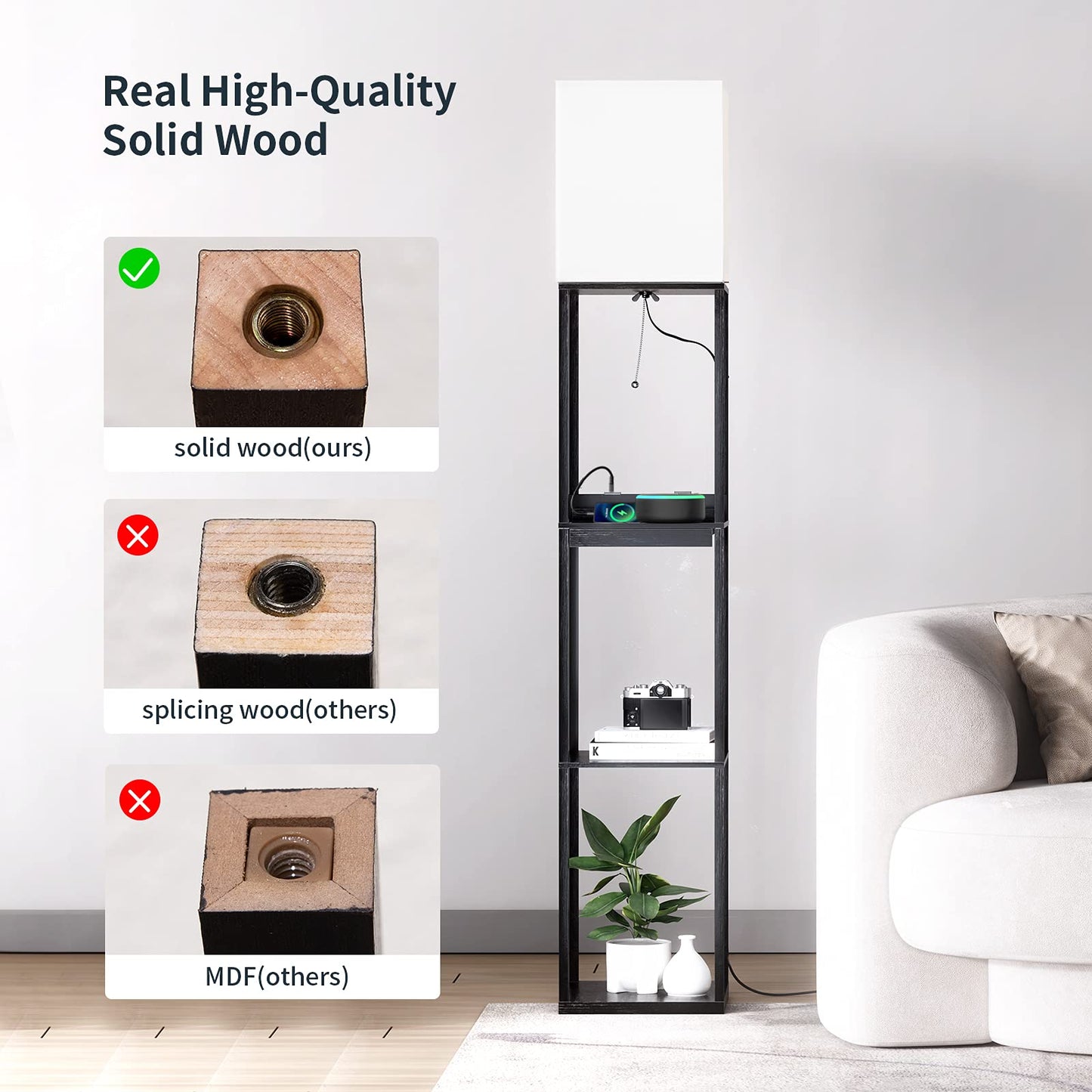 SUNMORY Floor Lamp with Shelves, Dimmable, Wood, Black, 1 Drawer, 2 USB Ports, 2 Power Outlets, Tall Bookshelf Lamp for Living Room/Bedroom