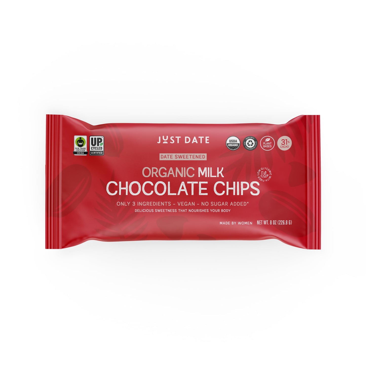 Just Date Syrup Organic Date Sweetened Milk Chocolate Chips, 35% Cacao, Vegan, No Sugar Added, 8 Oz