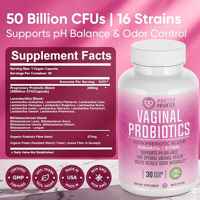 Pretty Privates Female Vaginal Probiotics for Women pH Balance with Prebiotics & Lactobacillus Blend – Womens Probiotic for Vaginal Health & BV - pH Vitamins - Healthy Viginal Odor & Flora