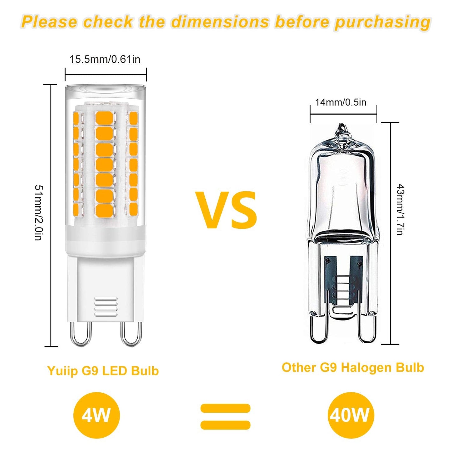 Yuiip G9 Led Light Bulb, 4W Equivalent, Warm White 3000K, 400Lm, Ceramic Base, 6 Pack
