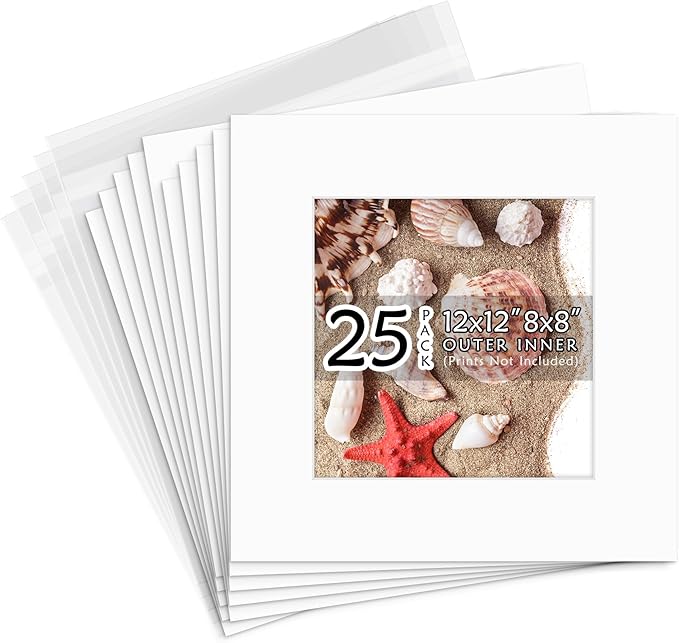 Golden State Art, Acid Free, Pack of 25, 12x12 White Picture Mats Mattes with White Core Bevel Cut for 8x8 Photo + Backing...