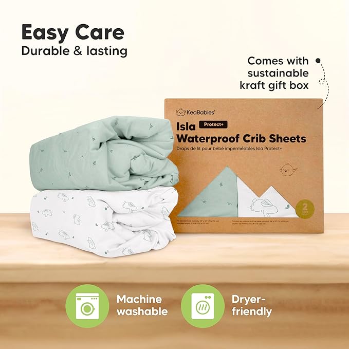 2-Pack Waterproof Baby Crib Sheets for Boys, Girls - 52x28 Viscose Derived from Bamboo Toddler Bed Sheet Neutral, Fitted Crib Mattress Protector Cover for Baby Bedding, Soft & Gentle (Bunnies)
