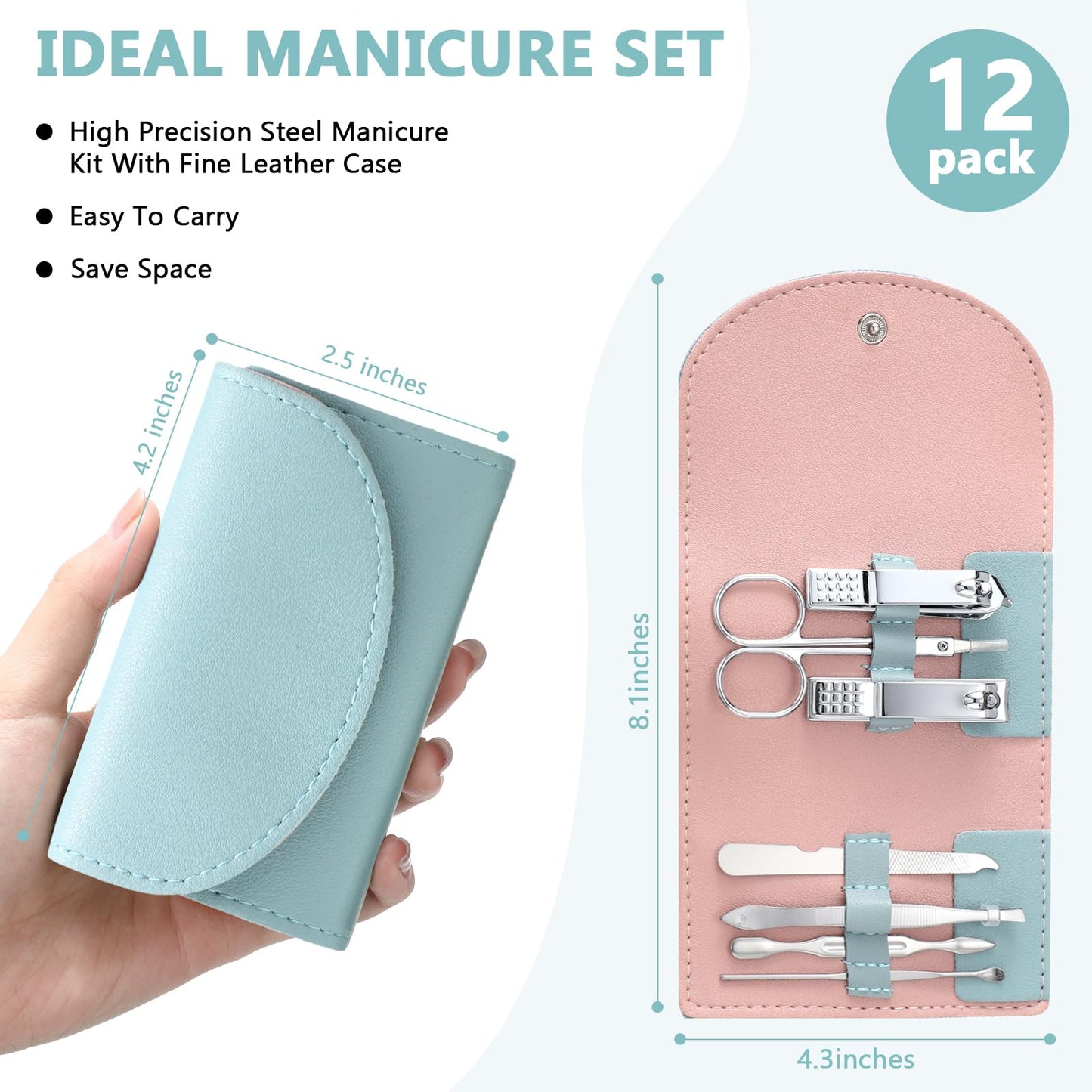 Lanties 12 Set Manicure Set Bulk Mini Manicure Nail Clipper Kit 7 in 1 Stainless Steel Professional Nail Care Pedicure with Trav