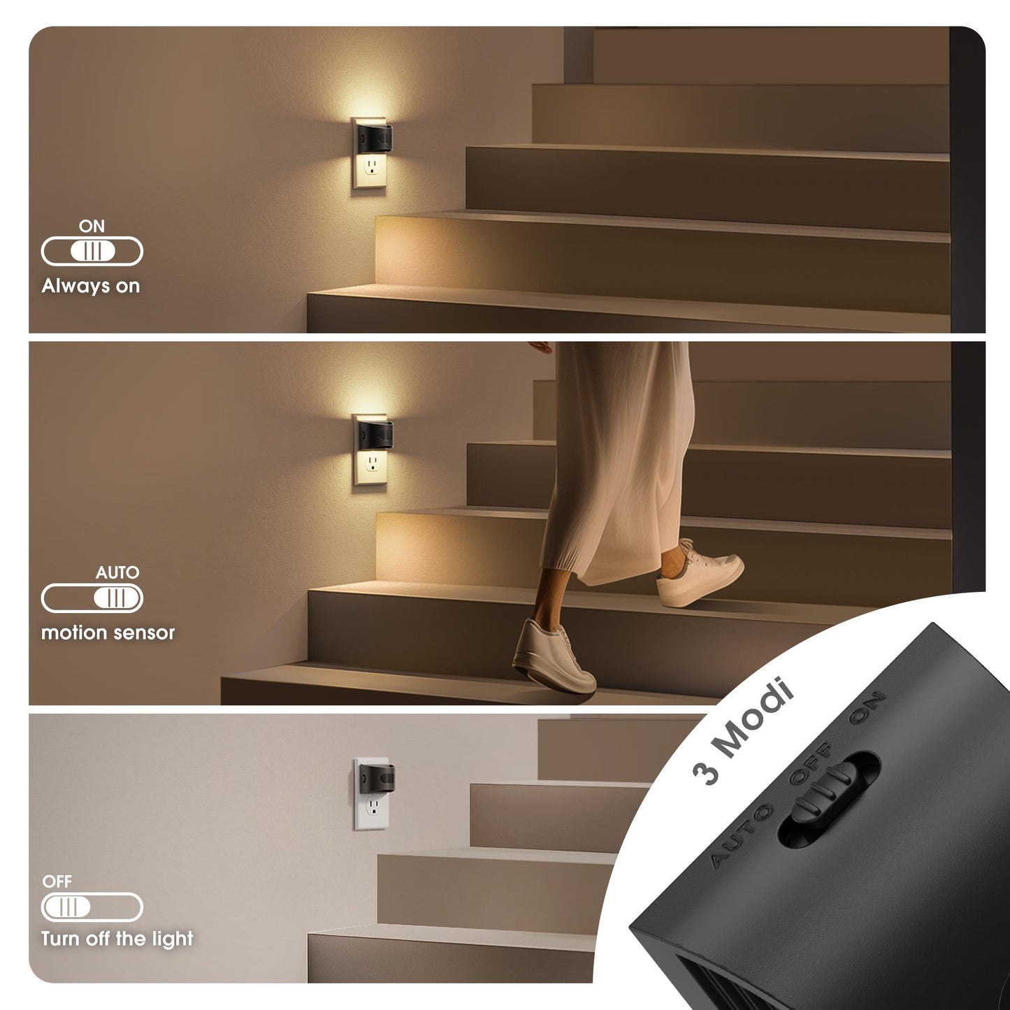 JandCase Motion Sensor Night Light, Dusk to Dawn, 30/60/100lm, Warm White, 2 Pack, Black-Arc, Model C-GY17702US-2