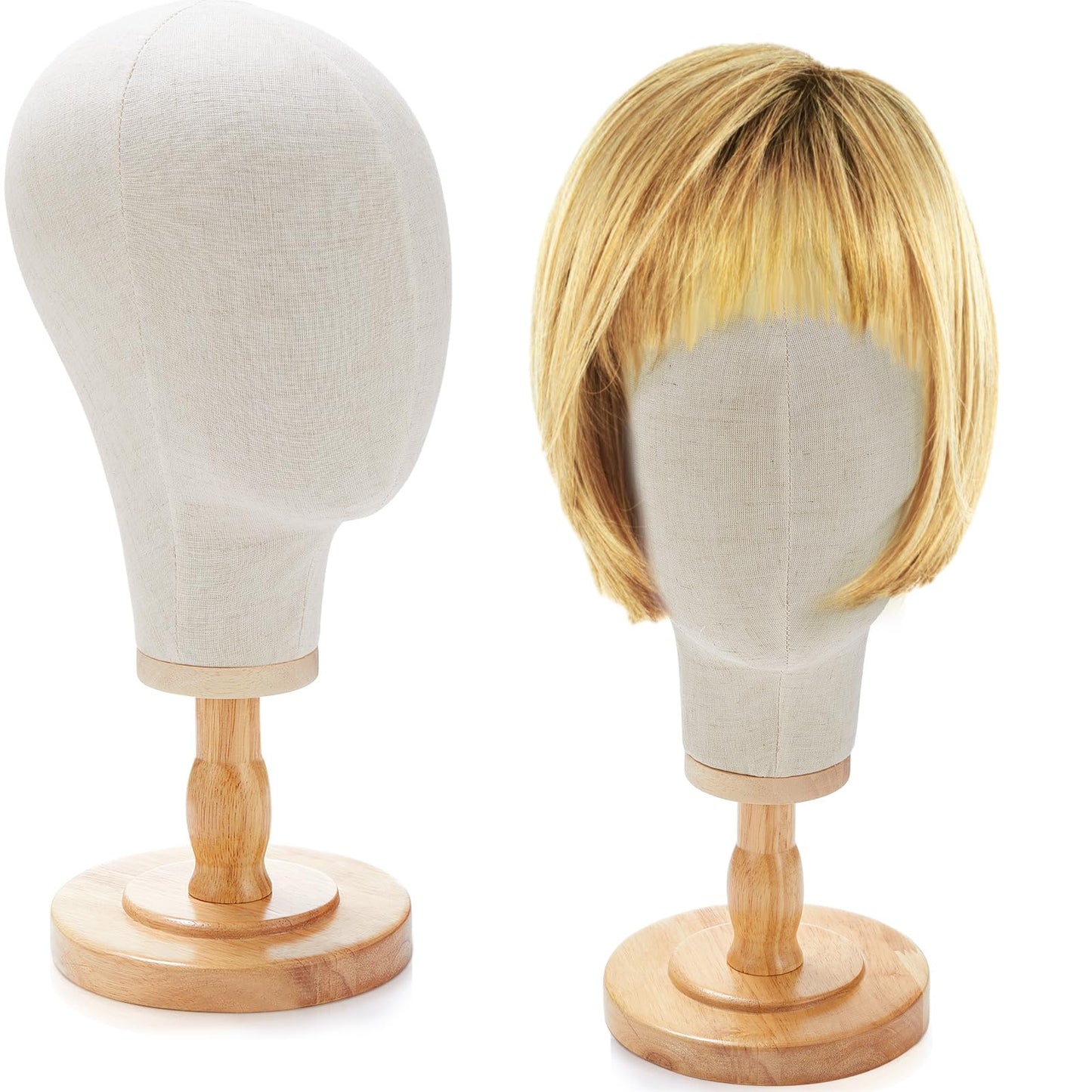 RattanView 2 Pcs Wig Stand with Head 23 Inch Linen Mannequin Head with Wooden Stand Canvas Mannequin for Hats Wigs Caps Headdres