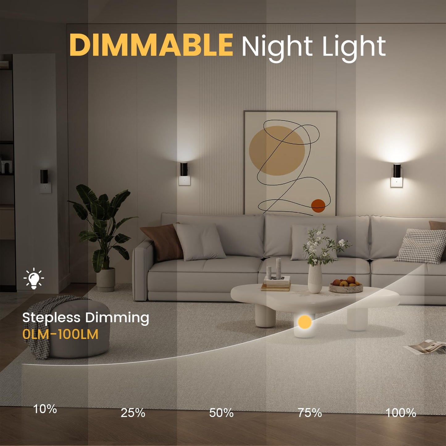VOLISUN Dimmable LED Night Lights with Dusk to Dawn Sensor, 0-100LM Adjustable Brightness, 3 Color Temperatures, Black, 8 Pack