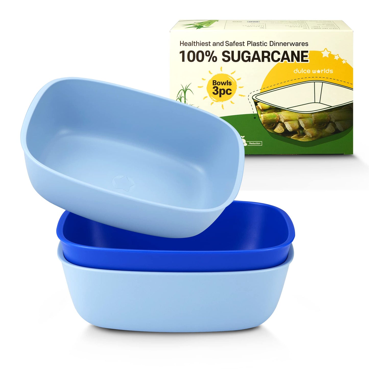 Sugarcane Kids Bowls 3Pack (27oz) - Natural Plastic Dishes for Toddler to Big Kids - Fried Rice & Noodles – Microwaves & Dishwasher Safe – BPA Free, Unbreakable, Reusable - Blue