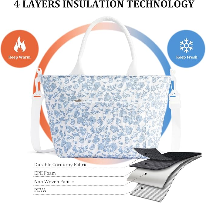 Lunch Bag for Women Adult Large Insulated Lunch Box Girl Cute Corduroy Lunch Tote Bags Reusable Leakproof Cooler Work Picnic