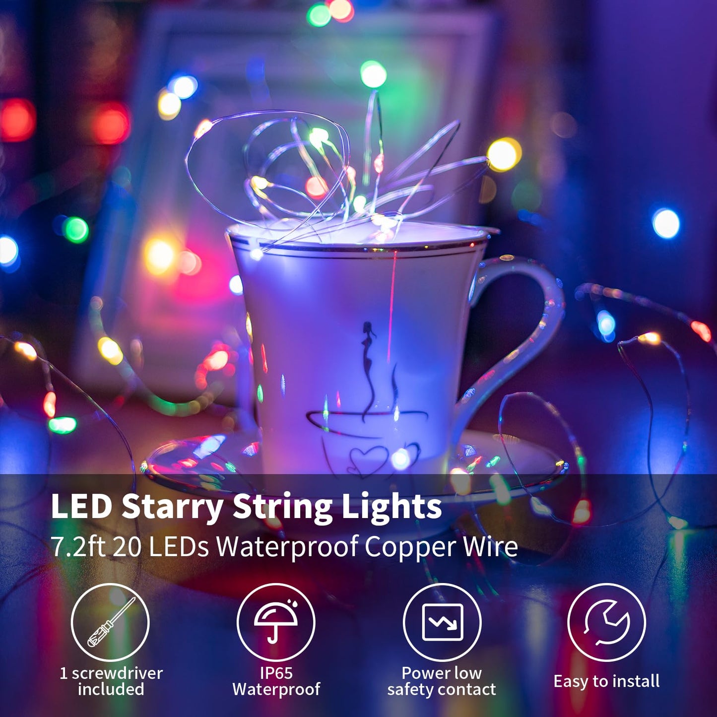 TingMiao Fairy String Lights, 20 LEDs, 7.2ft Silvery Copper Wire, Multicolor, Battery Operated, 6 Pack