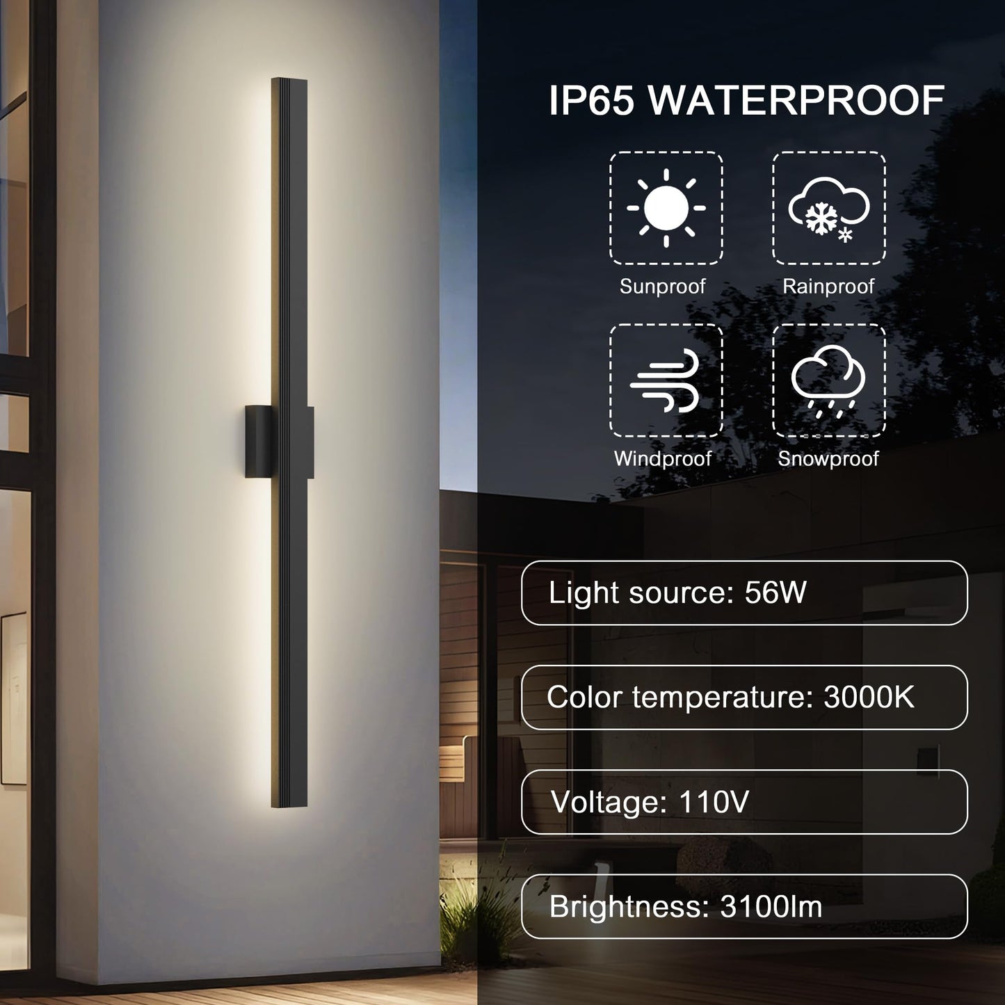 Lamqee 47.2 In Aluminum Long Outdoor Wall Light  3000K 3100Lm Integrated Led Waterproof Ip65  Linear Modern Exterior Lighting Fixtures Wall Mount Outside Sconce For House Porch Patio Garage Front Door