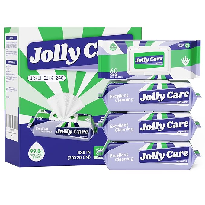 Wet Wipes for Adults, Adult Wipes for Hands and Body, Unscented Hand Wipes, Fragrance-free, Alcohol-free, 99% EDI Pure Water and Aloe, 4 Flip-Top Packs (240 Wipes Total)