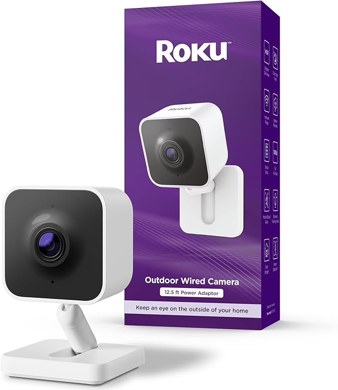 Roku Outdoor Camera - Home Security - IP65 Weather Resistant Wired Security Camera & Pet Monitor with 1080p HD Night Visio...