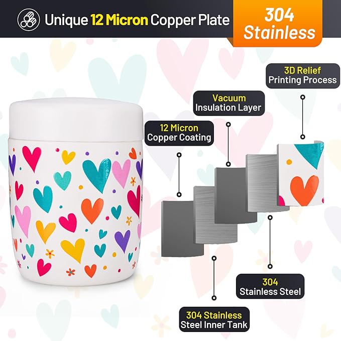 Charcy 9oz Stainless Steel Vacuum Insulated Kids Food Jar - Soup Thermo for Hot & Cold Food - White Heart