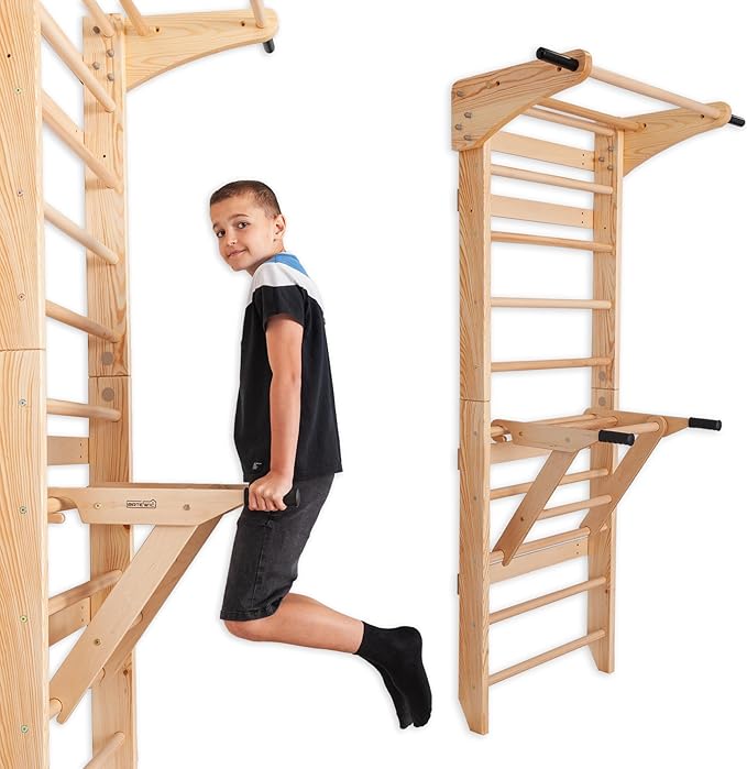 Swedish Ladder Wall Bars with Pull-Up Bar & Dip Station – Wooden Stall Bars, Multifunctional Home Gym Wall Ladder for Stre...