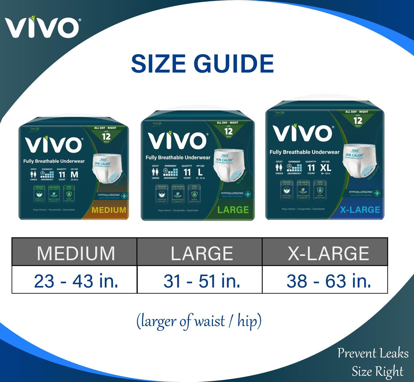 VIVO Organic Cotton Sensitive Skin Overnight Adult Incontinence Pullup Underwear, Women & Men, Medium 22 Count