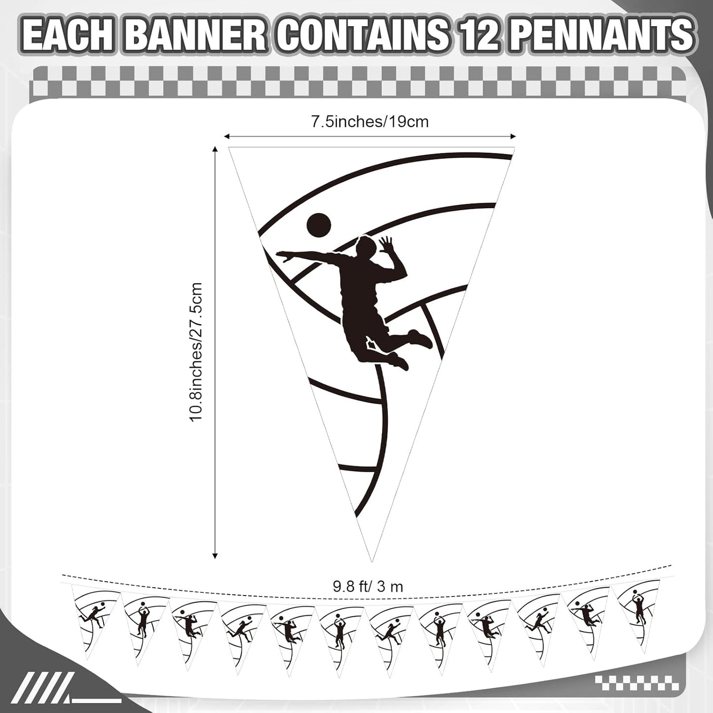 Jetec Volleyball Party Banner, 5 Pack 49ft Sports Pennant Garland, Black & White Triangle Flags for Volleyball Birthday, Team Events, Indoor Outdoor Party Decorations Supplies