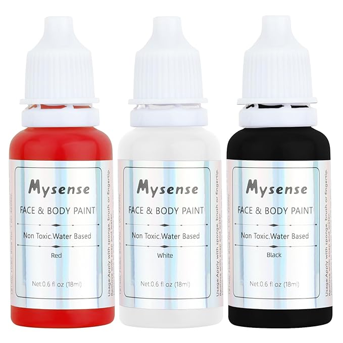 Mysense Red White and Black Face Body Paint Kit,Clown Makeup Set,Water Based Washable Face Paint,Non-toxic Cream Body Paint for Adults and Children Halloween SFX Cosplay Skull Makeup,0.6oz/pc