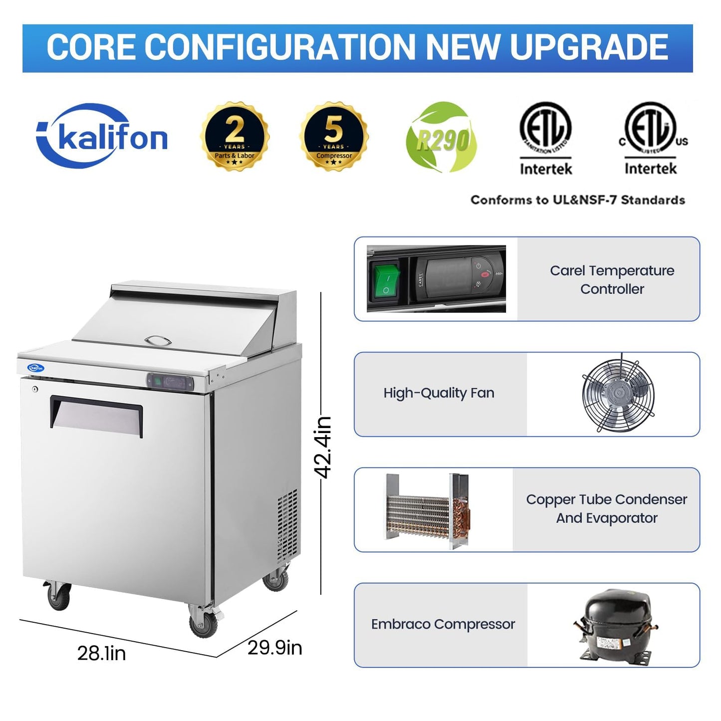 kalifon 27" W 1 Door Refrigerator Sandwich Salad Prep Table Commercial Stainless Steel Fan Cooling Refrigerator with Cutting Board, 1 Shelves & 12 Pans for Restaurant, Bar, Shop-7.4 Cu.ft