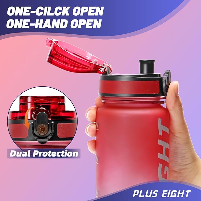 Sports Water Bottle, 32 oz Motivational Water Bottles with Time Marker to Drink, Leak-Proof Tritan BPA-Free with Carrying Strap for Women Men Gym Fitness Outdoor (Red Black)