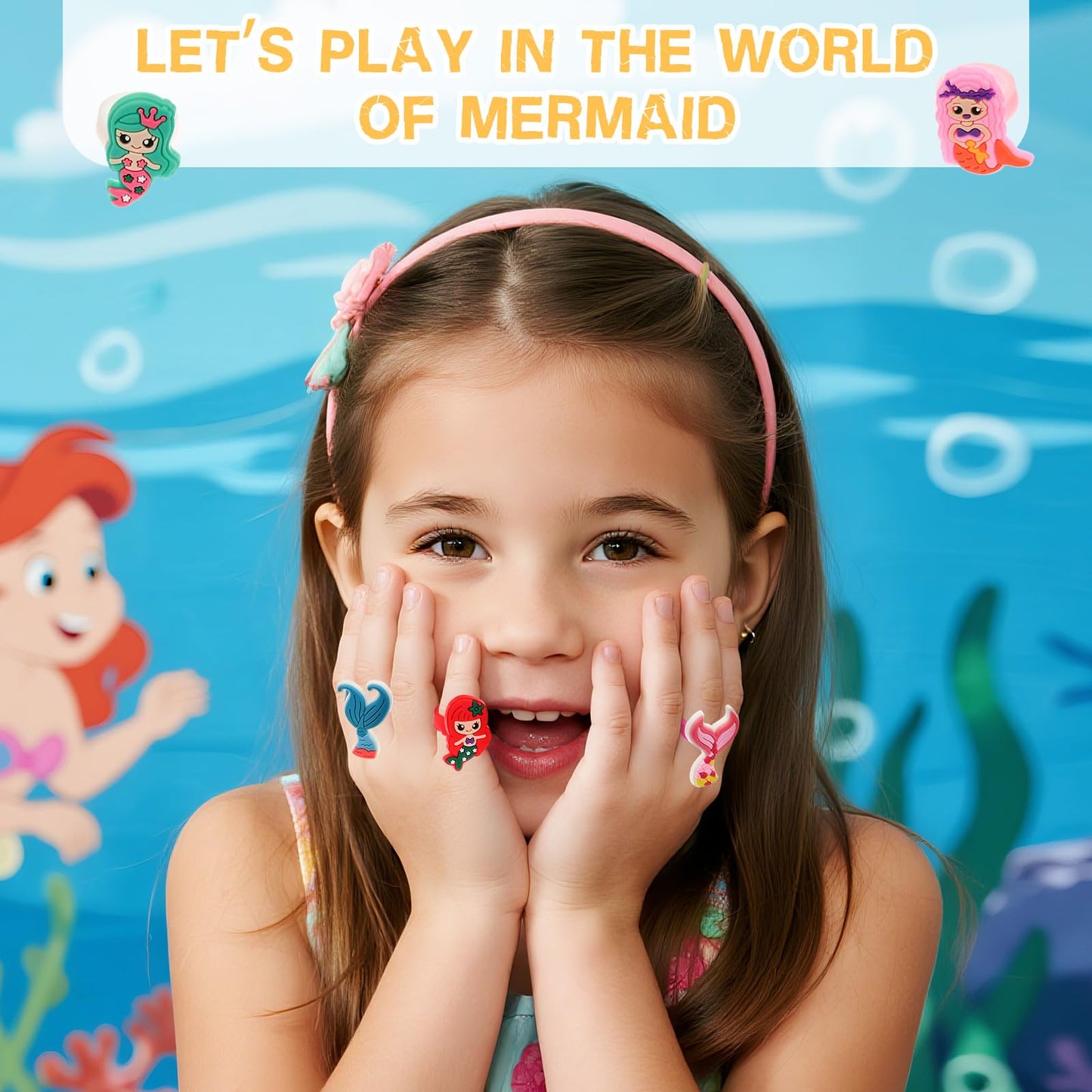 Pabucle 30 Pcs Mermaid Rubber Rings Soft Ocean Theme Cupcake Ring for Birthday Party Favors Supplies Pretend and Dress Up Rings