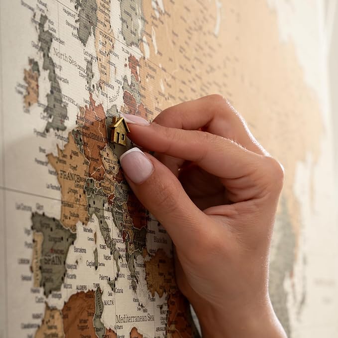 Canvas World Map with Cork Pin Board - English Lettering - Decorative Wall Decoration for All Rooms - Canvas Pictures with World Map Motif (120x80 cm, Pattern 2)