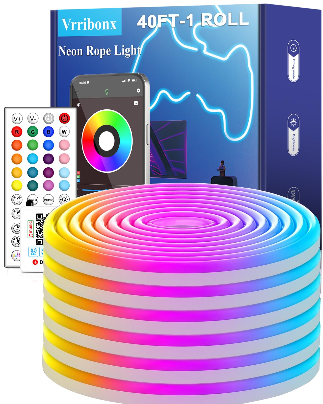 Vrribonx 40Ft LED Neon Rope Lights, RGB Waterproof, App/Remote Control, Flexible, Music Sync, Model V40-01