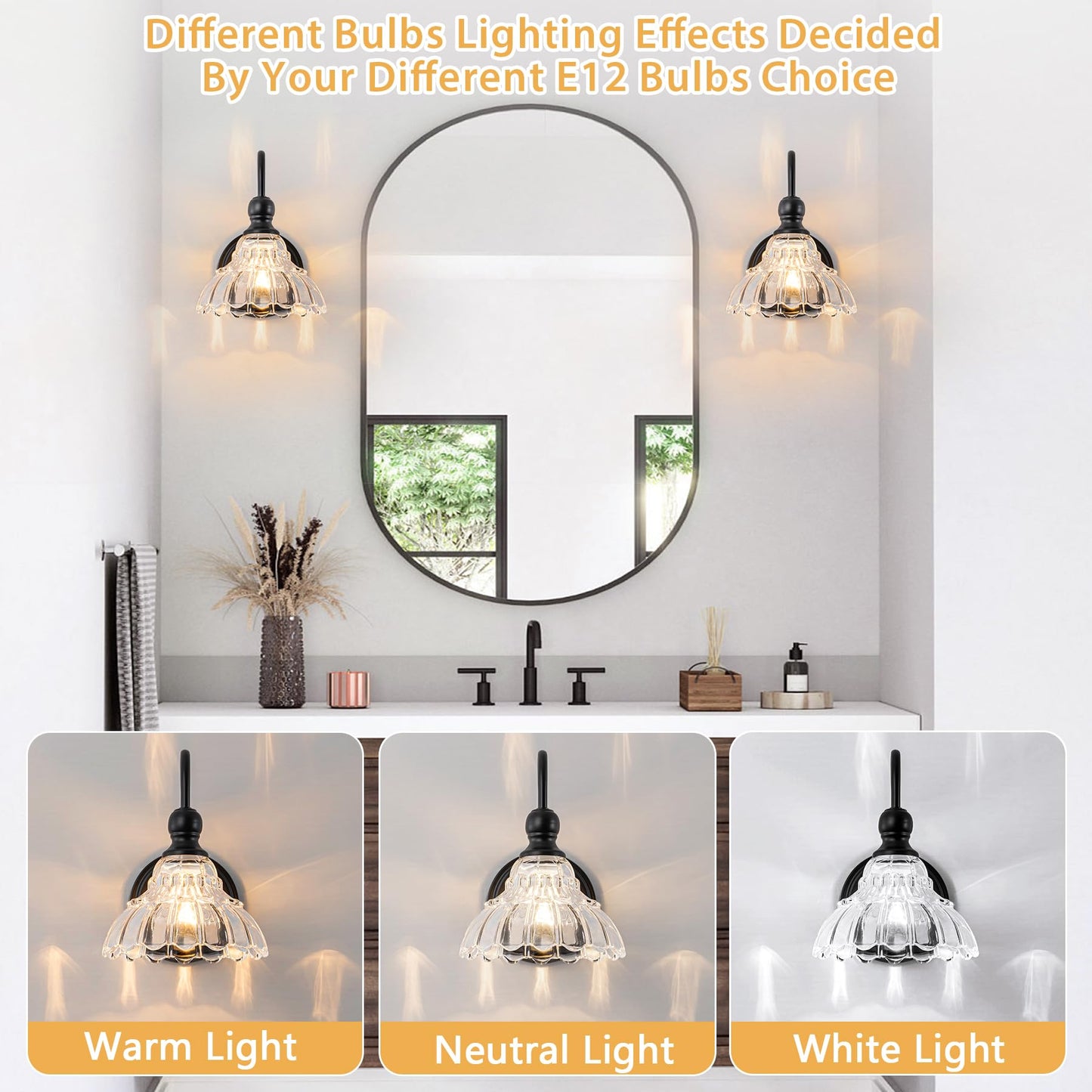 Brknit Vintage Bathroom Light Fixtures Over Mirror  1-Light Black Wall Sconce Lighting With Flower Glass Shade  Farmhouse Vanity Lights For Bedroom Kitchen Living Room Hallway Light