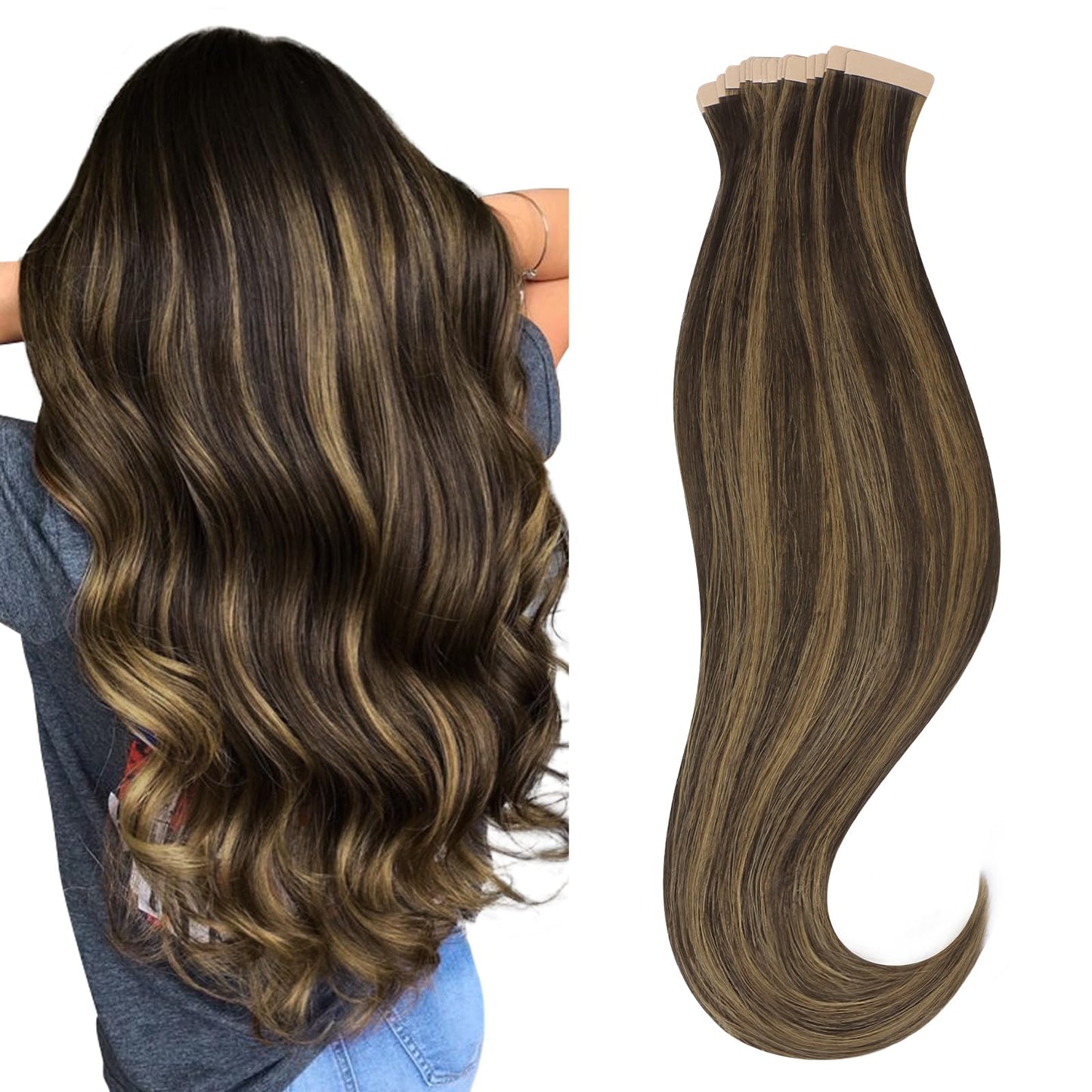 HOTBANANA Tape in Hair Extensions, 16 Inch 20pcs 50g Dark Brown mixed Chesnut Brown Tape in Hair Extensions Human Hair Tape Hair